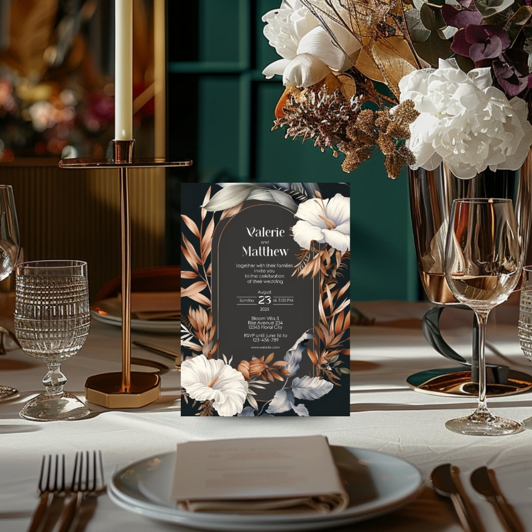 Dark Dry Floral Fall Wedding Invitation