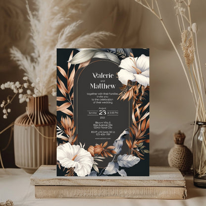 Dark Dry Floral Fall Wedding Invitation