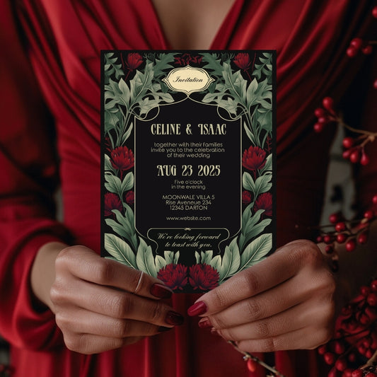 Red Floral Garden Vintage Wedding Invitation