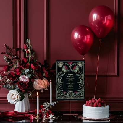 Red Floral Greenery Gothic Wedding Invitation