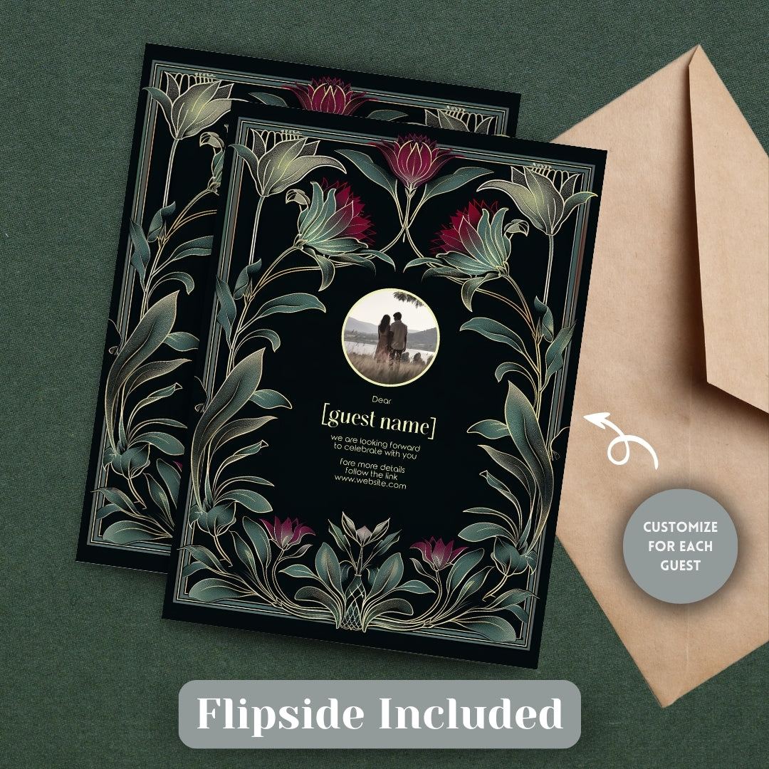 Red Floral Greenery Gothic Wedding Invitation