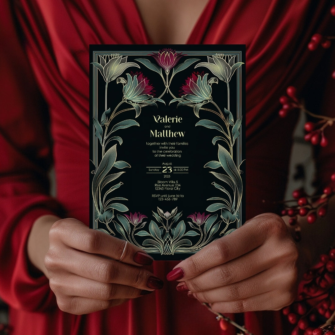 Red Floral Greenery Gothic Wedding Invitation