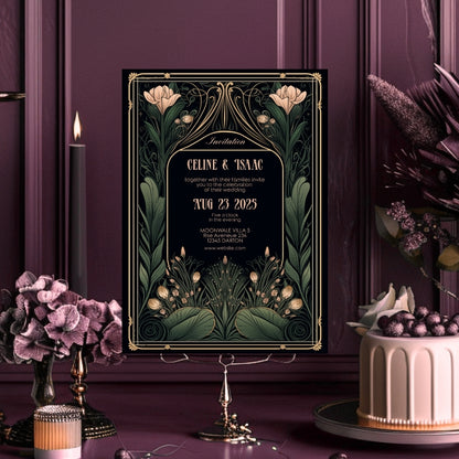 Floral Art Nouveau Gothic Wedding Invitation