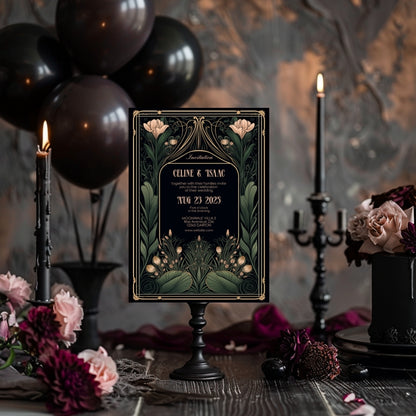 Floral Art Nouveau Gothic Wedding Invitation