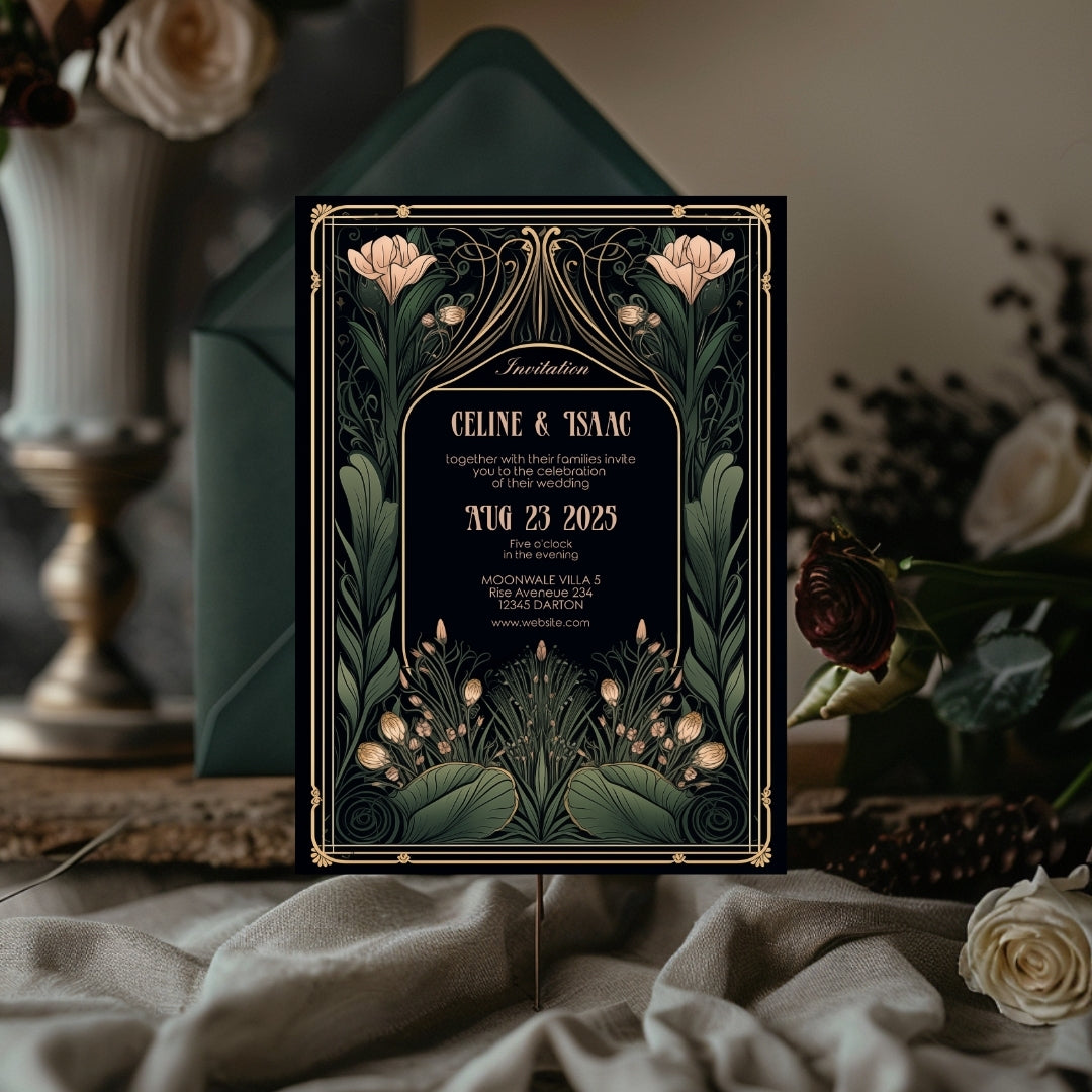 Floral Art Nouveau Gothic Wedding Invitation