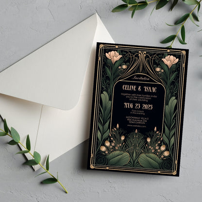 Floral Art Nouveau Gothic Wedding Invitation