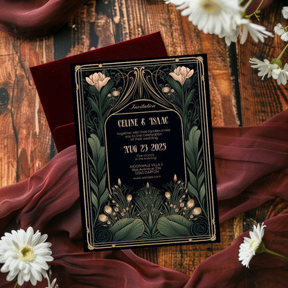 Floral Art Nouveau Gothic Wedding Invitation