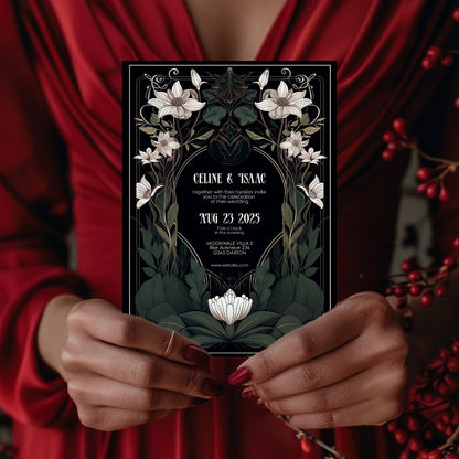 White Floral Gothic Art Deco Wedding Invitation