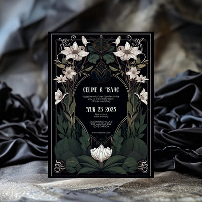 White Floral Gothic Art Deco Wedding Invitation