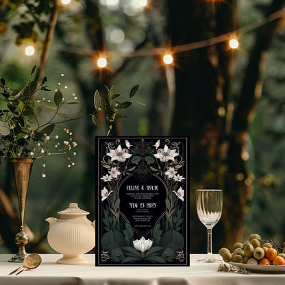 White Floral Gothic Art Deco Wedding Invitation