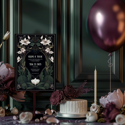 White Floral Gothic Art Deco Wedding Invitation