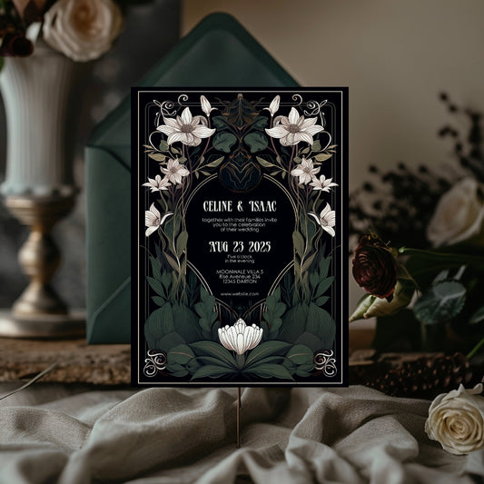 White Floral Gothic Art Deco Wedding Invitation