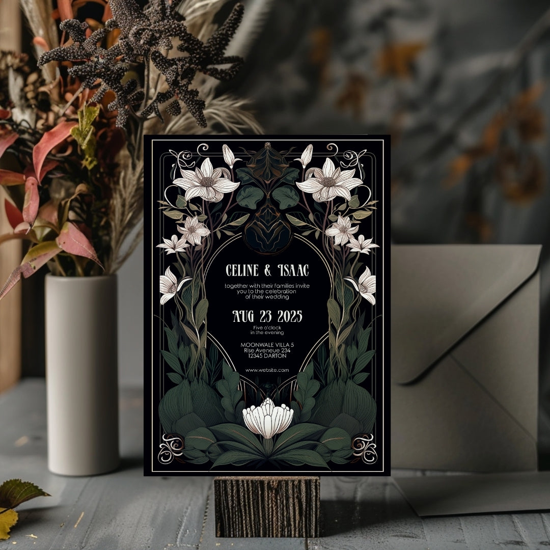 White Floral Gothic Art Deco Wedding Invitation