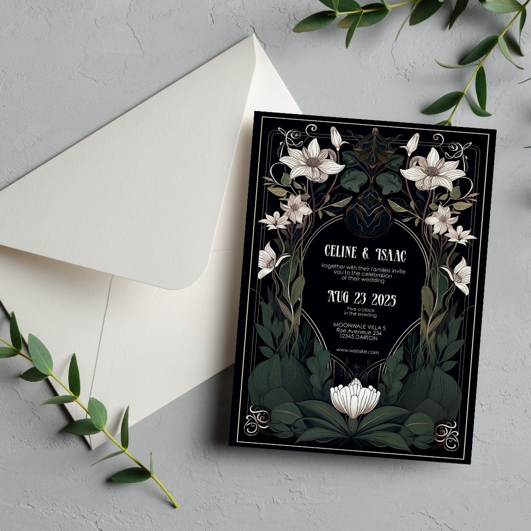 White Floral Gothic Art Deco Wedding Invitation