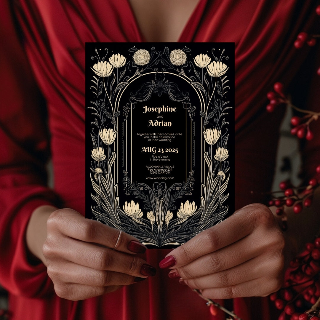 Cream Gothic Floral Wedding Invitation Set - 5x7 Invitation, 4x7 Details, 3.5.x5 RSVP