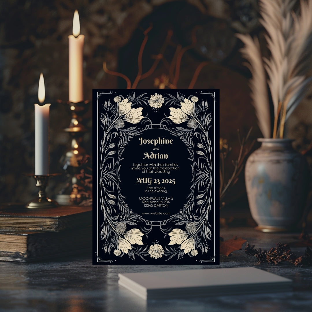 Midnight Floral Gothic Frame Wedding Invitation