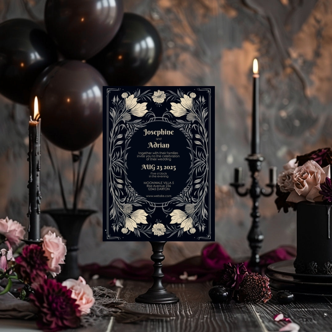 Midnight Floral Gothic Frame Wedding Invitation