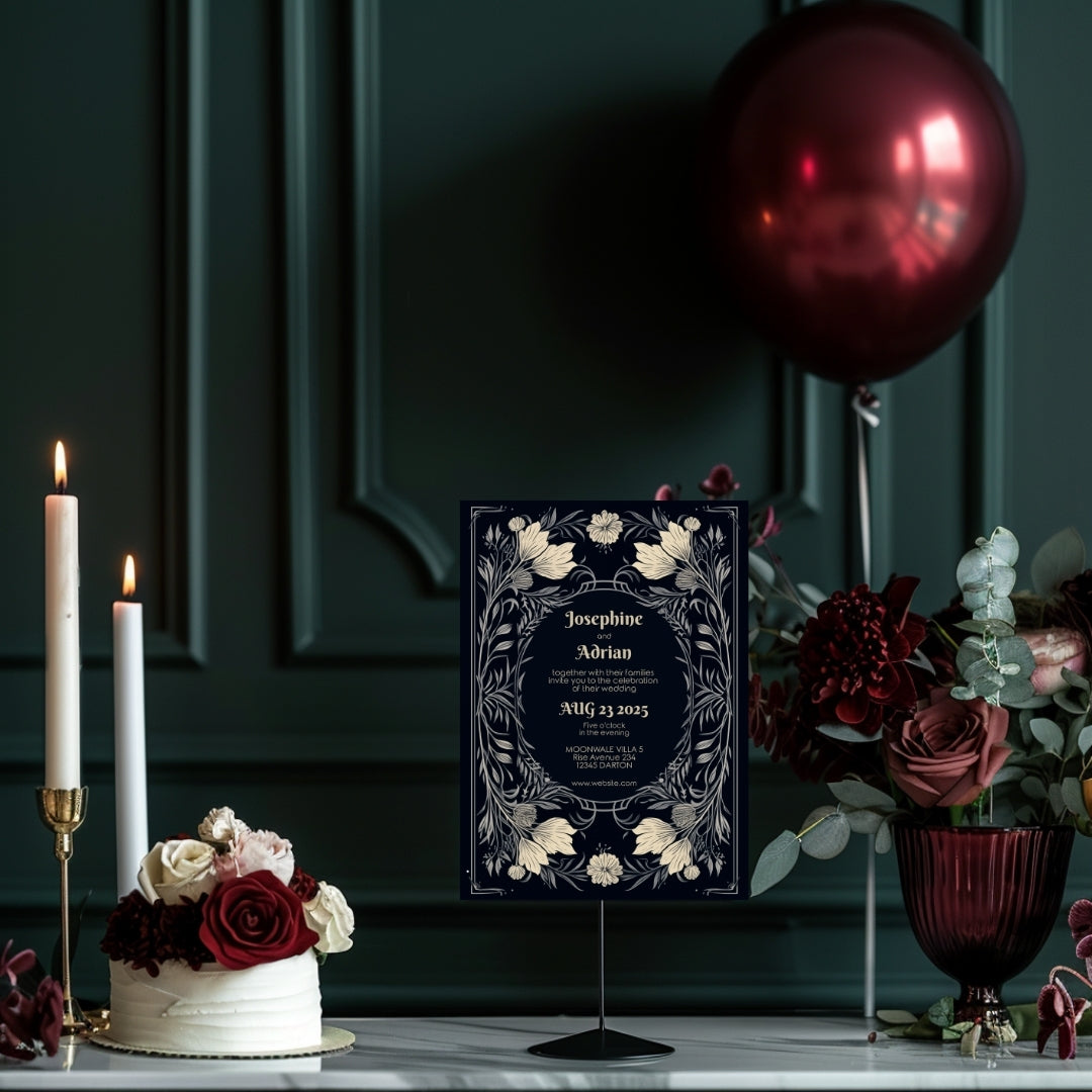 Midnight Floral Gothic Frame Wedding Invitation