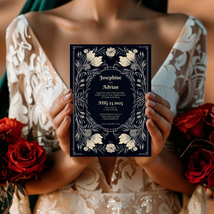 Midnight Floral Gothic Frame Wedding Invitation