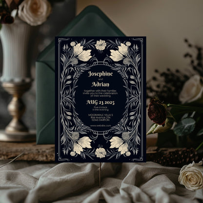 Midnight Floral Gothic Frame Wedding Invitation