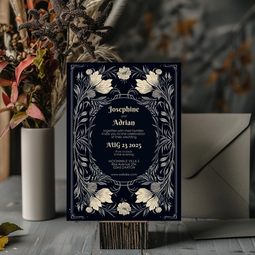 Midnight Floral Gothic Frame Wedding Invitation