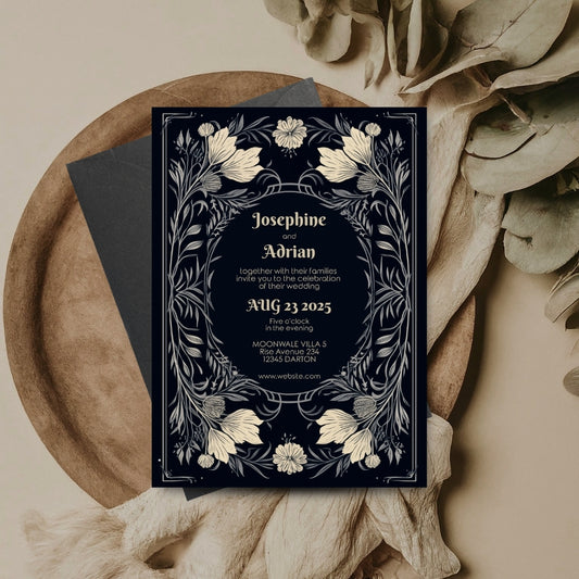 Midnight Floral Gothic Frame Wedding Invitation