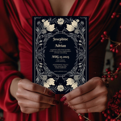 Midnight Floral Gothic Frame Wedding Invitation