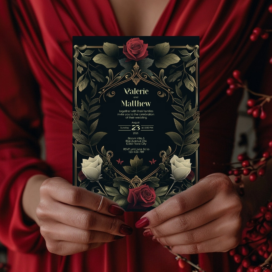 Red Rose Elegance Vintage Wedding Invitation