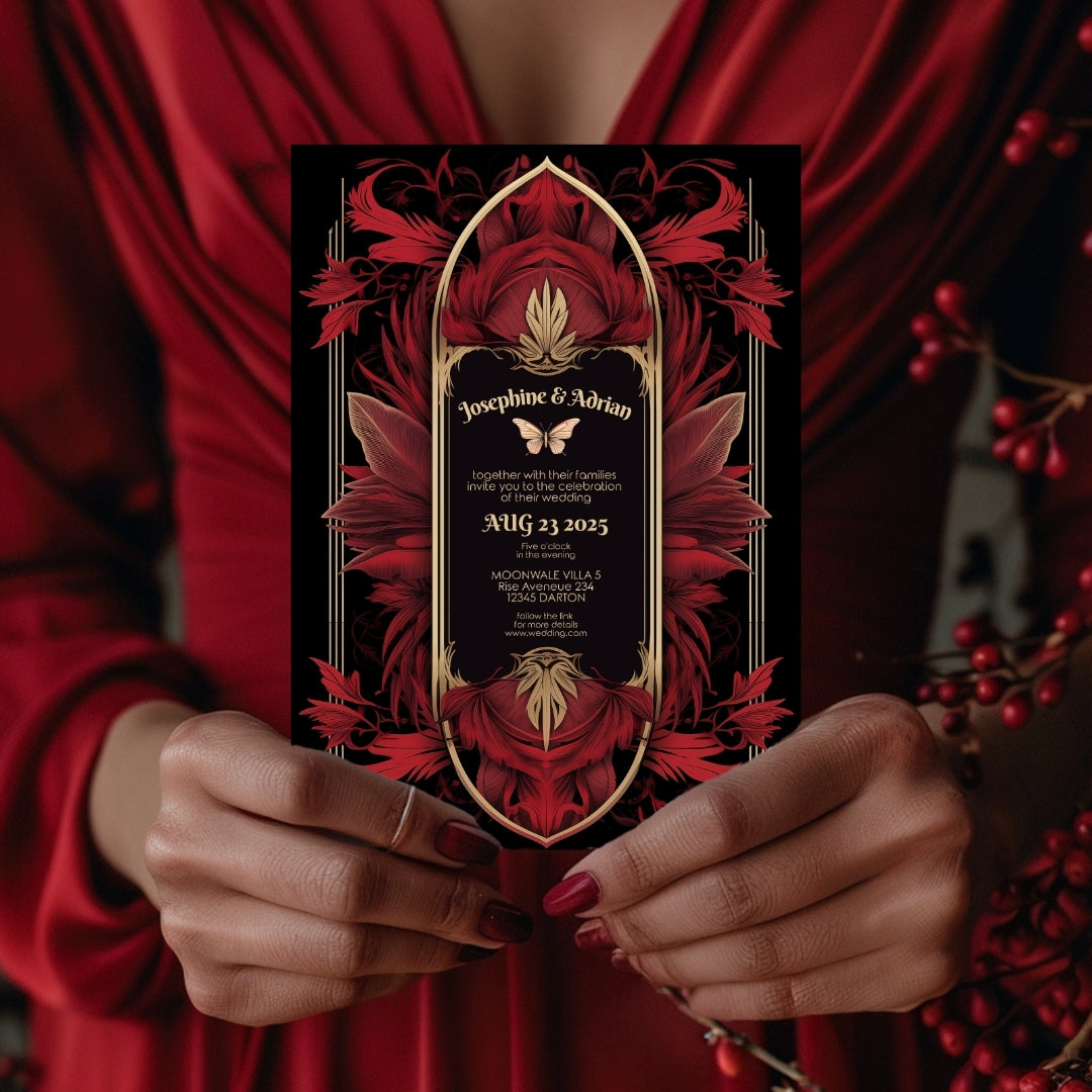 Majestic Red Gothic Floral Art Deco Wedding Invitation