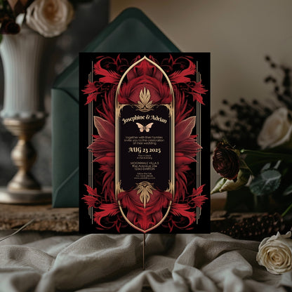 Majestic Red Gothic Floral Art Deco Wedding Invitation