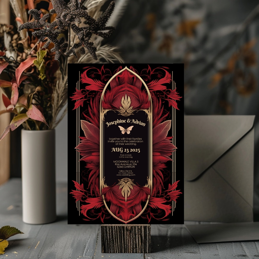 Majestic Red Gothic Floral Art Deco Wedding Invitation