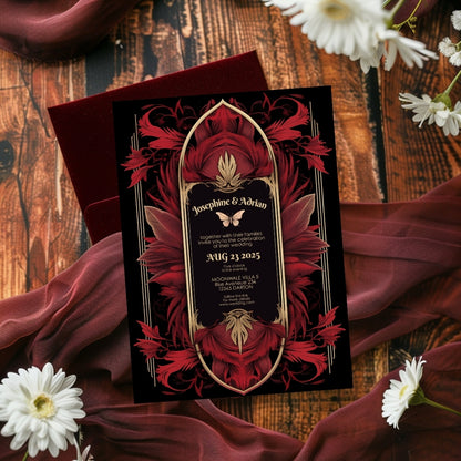 Majestic Red Gothic Floral Art Deco Wedding Invitation