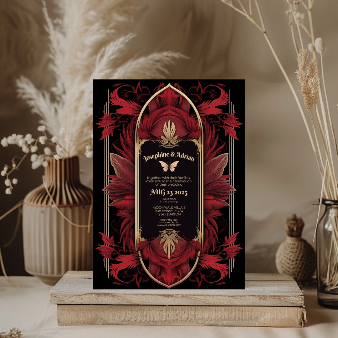 Majestic Red Gothic Floral Art Deco Wedding Invitation