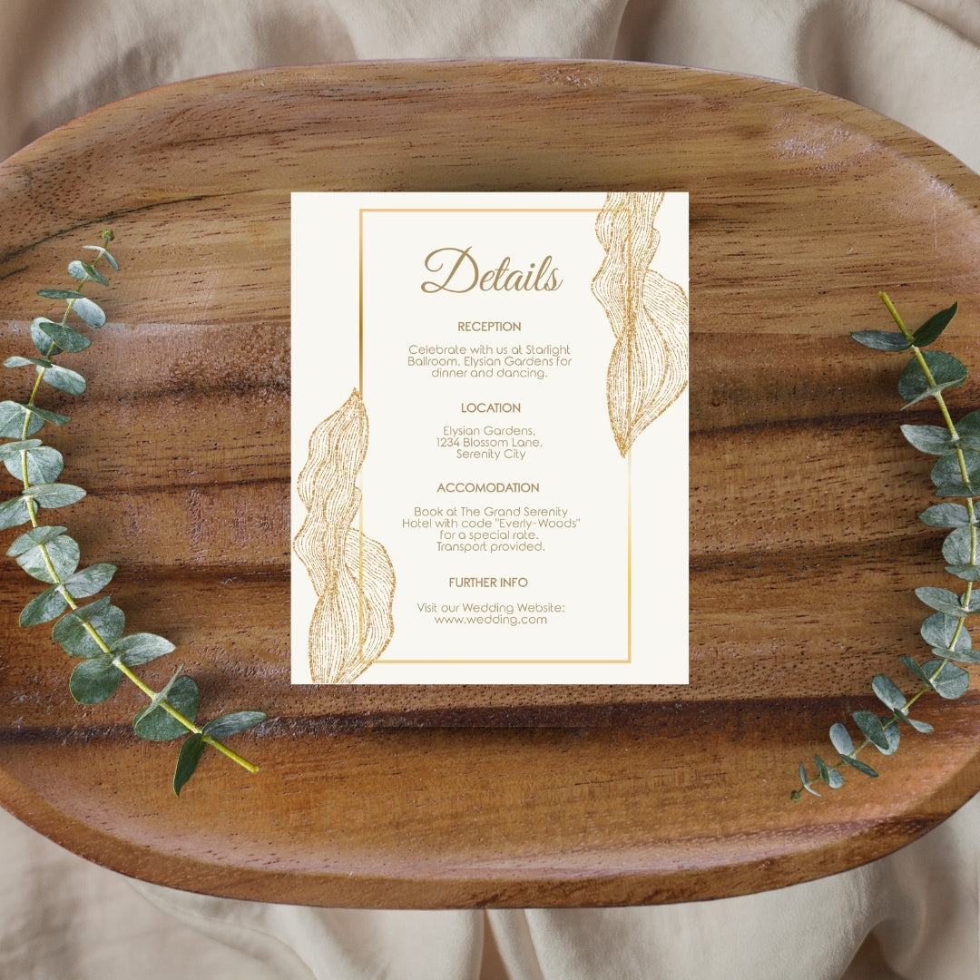 Boho Minimalist Banana Leaves Wedding Invitation Set - 5x7 Invitation, 4x5 Details, 3.5.x5 RSVP