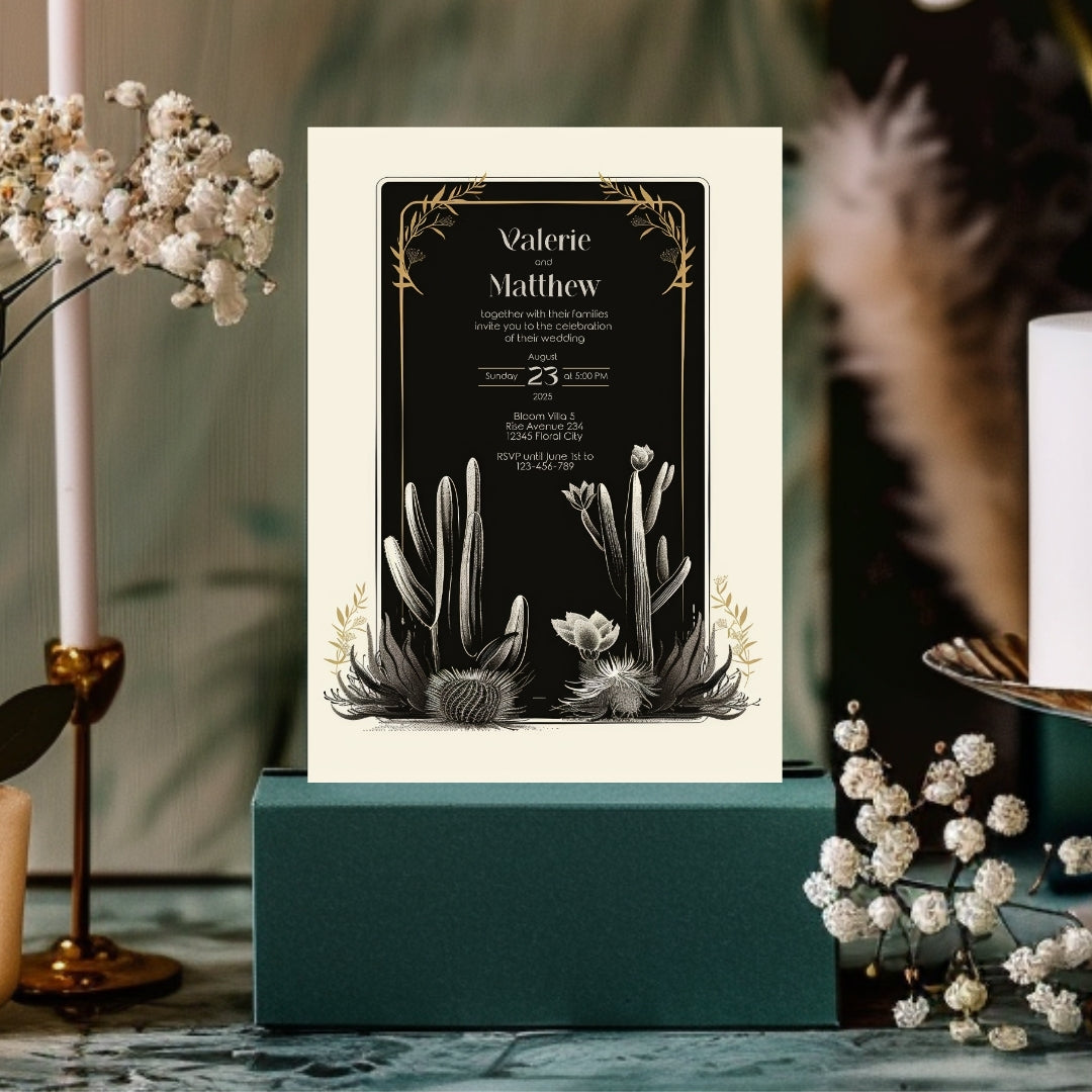 Dark Elegant Cactus Desert Wedding Invitation