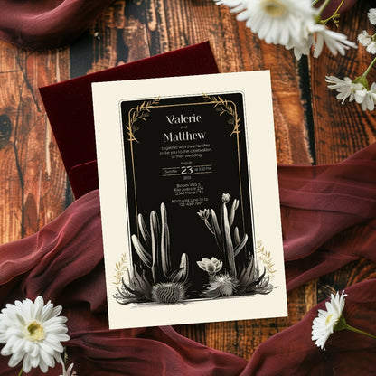 Dark Elegant Cactus Desert Wedding Invitation