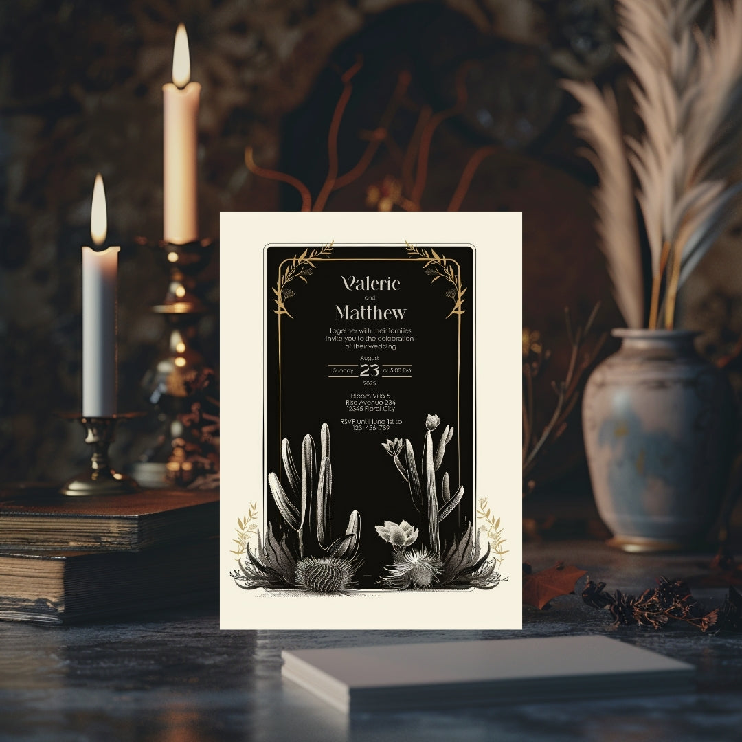 Dark Elegant Cactus Desert Wedding Invitation