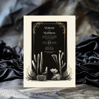 Dark Elegant Cactus Desert Wedding Invitation