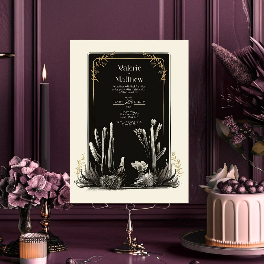 Dark Elegant Cactus Desert Wedding Invitation