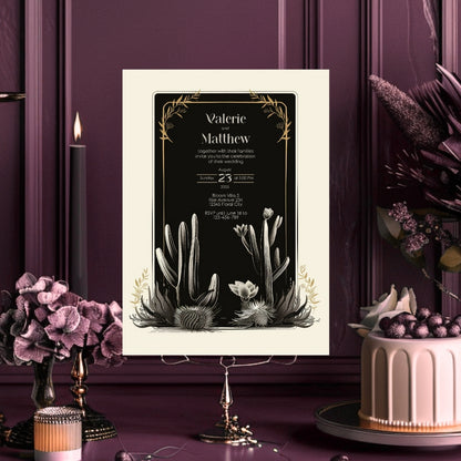 Dark Elegant Cactus Desert Wedding Invitation