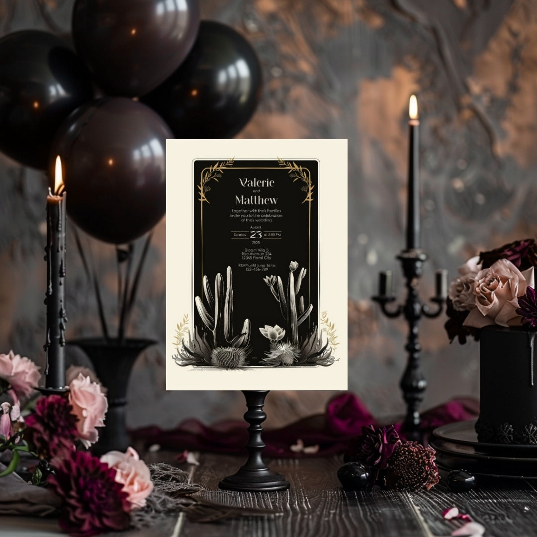 Dark Elegant Cactus Desert Wedding Invitation