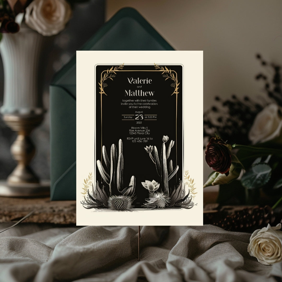 Dark Elegant Cactus Desert Wedding Invitation