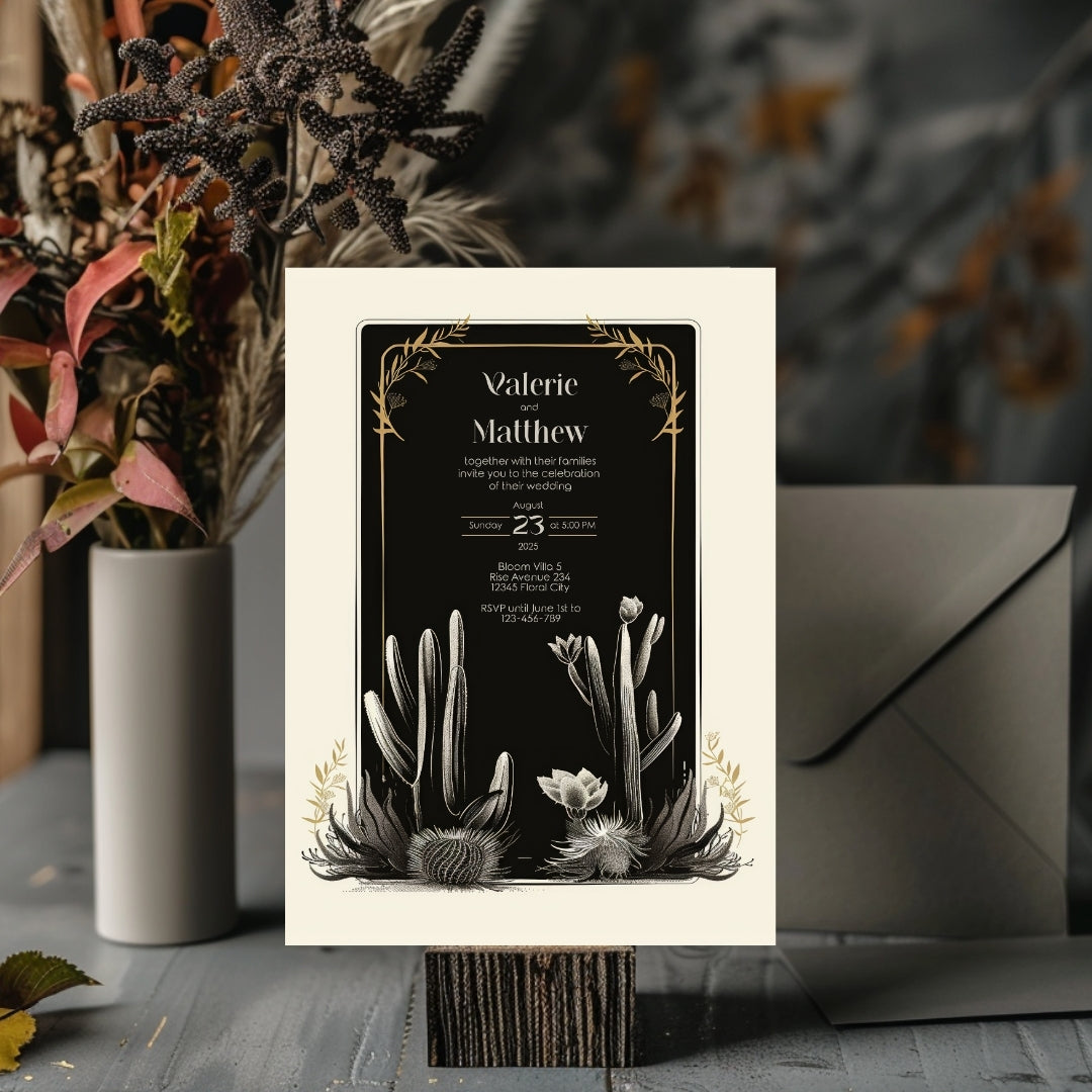 Dark Elegant Cactus Desert Wedding Invitation