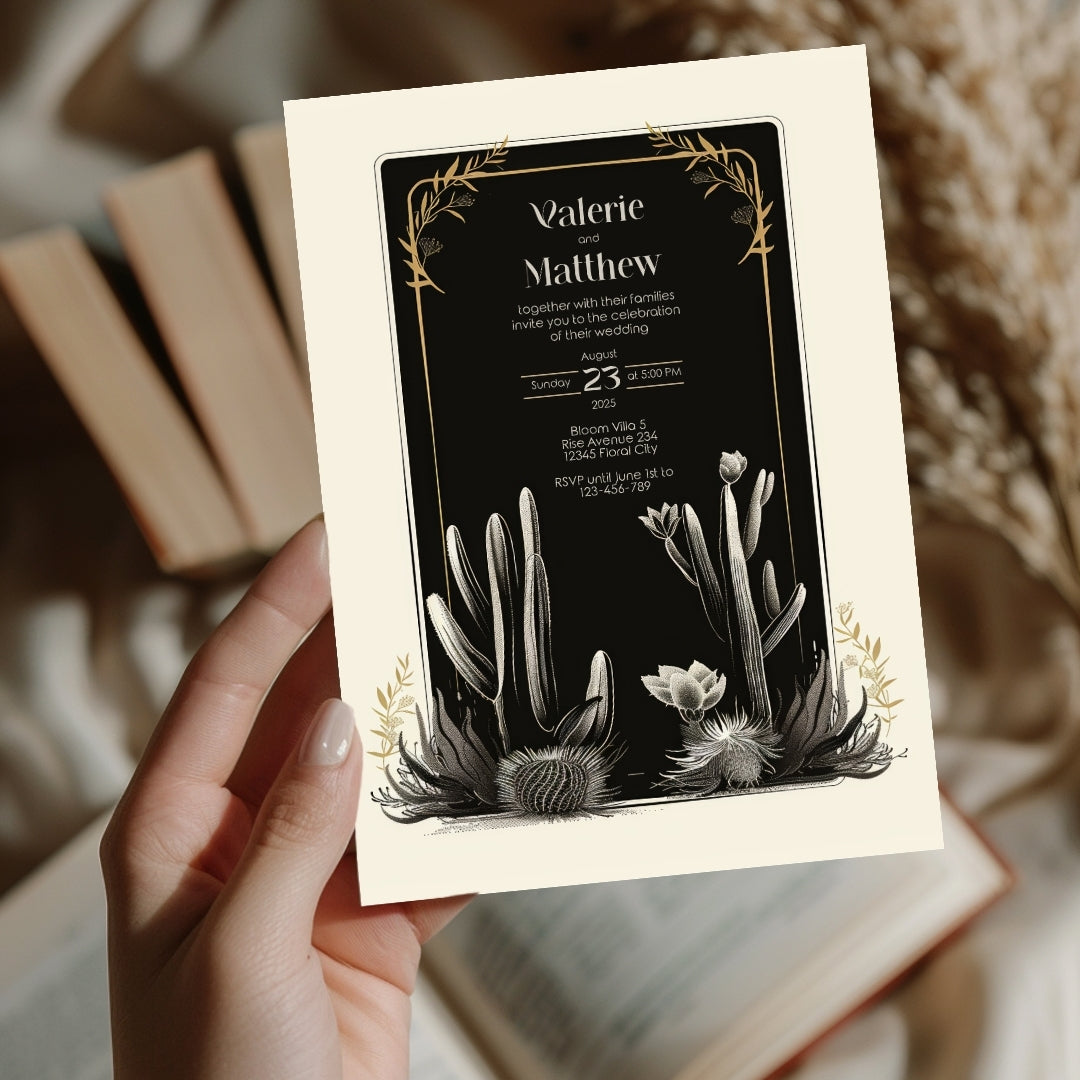 Dark Elegant Cactus Desert Wedding Invitation