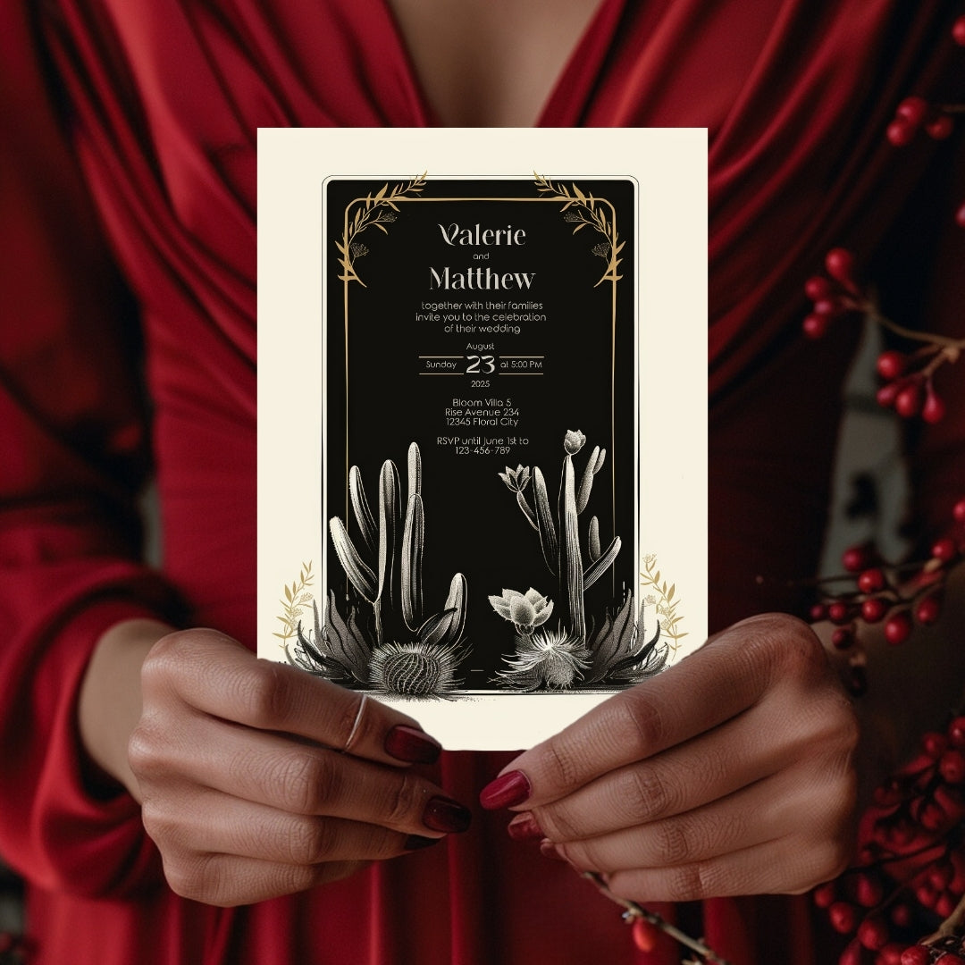 Dark Elegant Cactus Desert Wedding Invitation