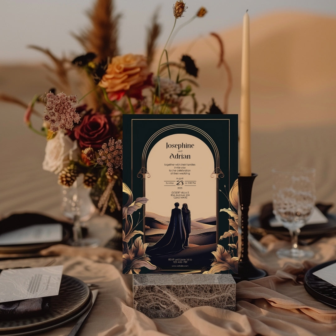 Dark Desert Emperor Couple Floral Arch Wedding Invitation