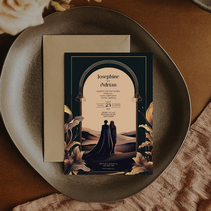 Dark Desert Emperor Couple Floral Arch Wedding Invitation