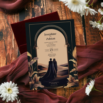 Dark Desert Emperor Couple Floral Arch Wedding Invitation