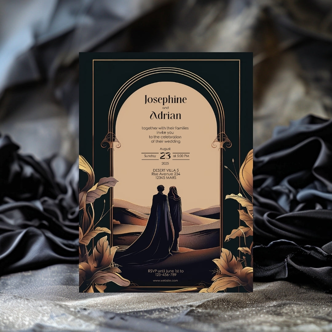 Dark Desert Emperor Couple Floral Arch Wedding Invitation