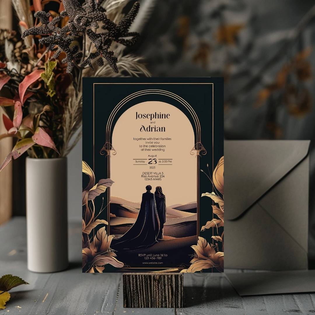 Dark Desert Emperor Couple Floral Arch Wedding Invitation